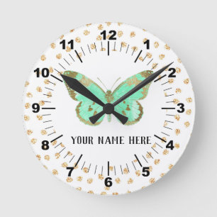 Beautiful Aqua & Gold Butterfly Runde Wanduhr
