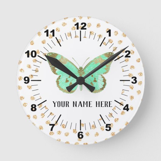 Beautiful Aqua & Gold Butterfly Runde Wanduhr (Vorderseite)