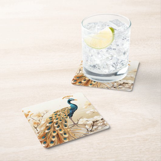 Beautiful Art Deco Aquamarine Pfaue Blume Rechteckiger Pappuntersetzer (Vor Ort)