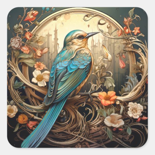 Beautiful Art Nouveau Bird Quadratischer Aufkleber (Vorderseite)
