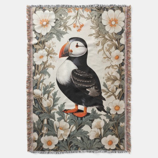 Beautiful Atlantic Puffin White Flowers Decke (Vorderseite Vertikal)