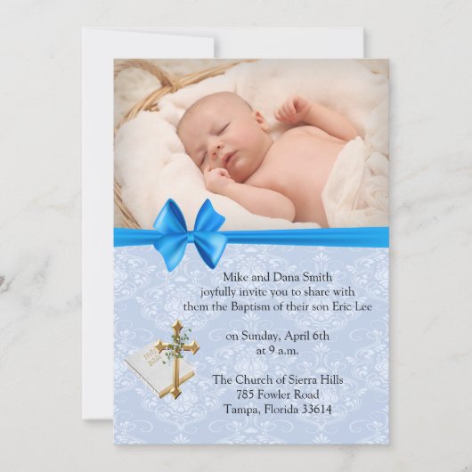 Beautiful Baby Blue Damask Boy Taufe Einladung (Vorderseite)