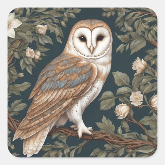 Beautiful Barn Owl William Morris Inspiriert Quadratischer Aufkleber (Vorderseite)
