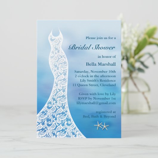 Beautiful Beach Brautparty Wasserfarbe - blau Einladung (Stehend Vorderseite)