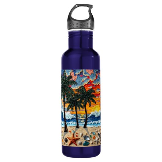Beautiful Beach Scene with Palm Trees Edelstahlflasche (Vorderseite)