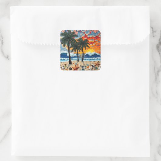 Beautiful Beach Scene with Palm Trees Quadratischer Aufkleber (Tasche)