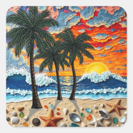 Beautiful Beach Scene with Palm Trees Quadratischer Aufkleber