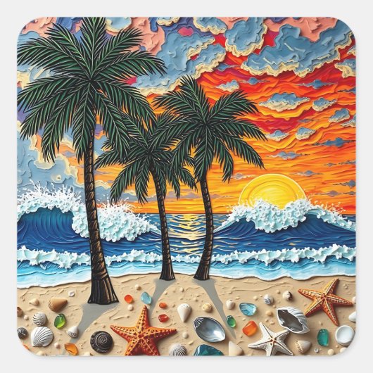 Beautiful Beach Scene with Palm Trees Quadratischer Aufkleber (Vorderseite)