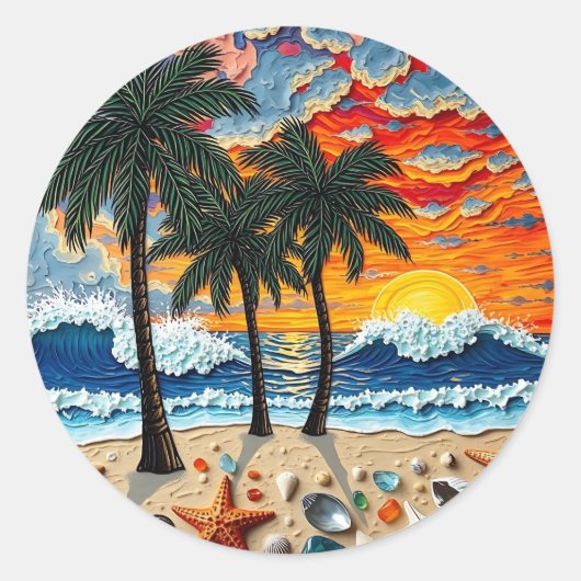 Beautiful Beach Scene with Palm Trees Runder Aufkleber (Vorderseite)