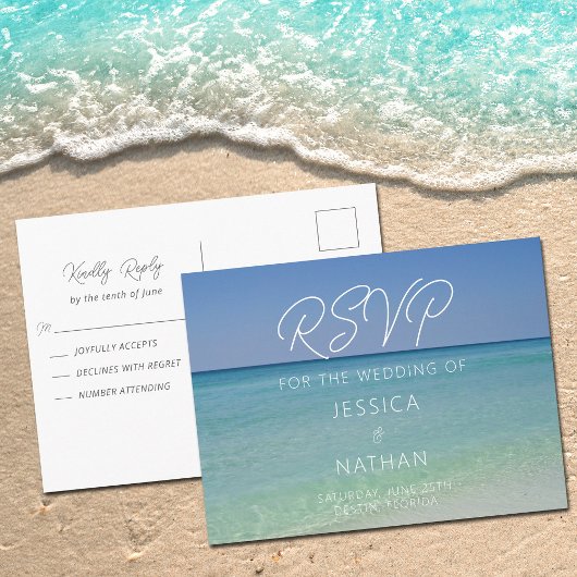 Beautiful Beach Wedding Summer Coastal RSVP Postkarte