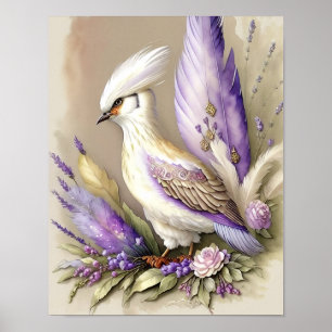 Beautiful Bird Print Feathers Lavender Ivory Gold Poster