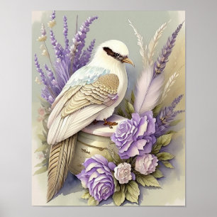 Beautiful Bird Print Feathers Lavender Ivory Gold Poster