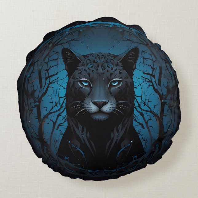 Beautiful Black Blue mit Augen Wild Leopard Rundes Kissen (Rückseite)