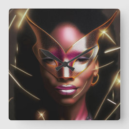 Beautiful Black Lady Party Outfit & Mask Quadratische Wanduhr