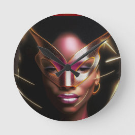 Beautiful Black Lady Party Outfit & Mask Runde Wanduhr