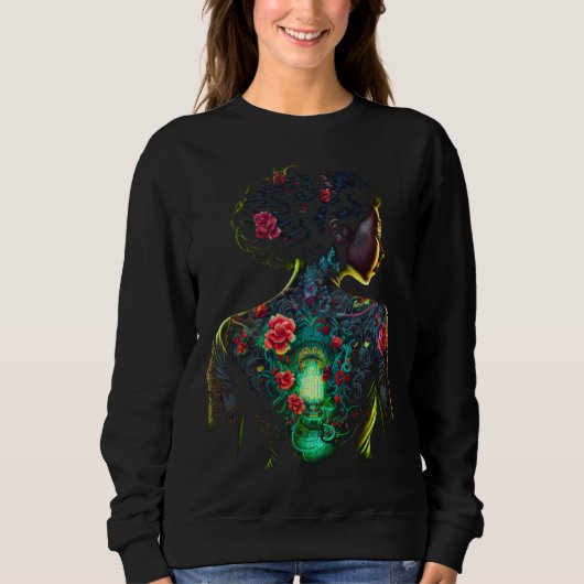 Beautiful Black Woman Geisha Tattoos Flowers Melan Sweatshirt (Vorderseite)