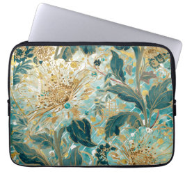 Beautiful Blooming Flowers with Green Gold Pattern Laptopschutzhülle