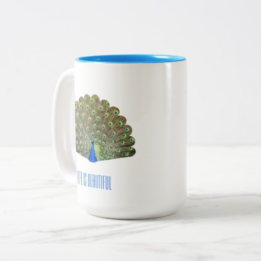 Beautiful Blue Bird Peacock Zweifarbige Tasse (Vorderseite Links)