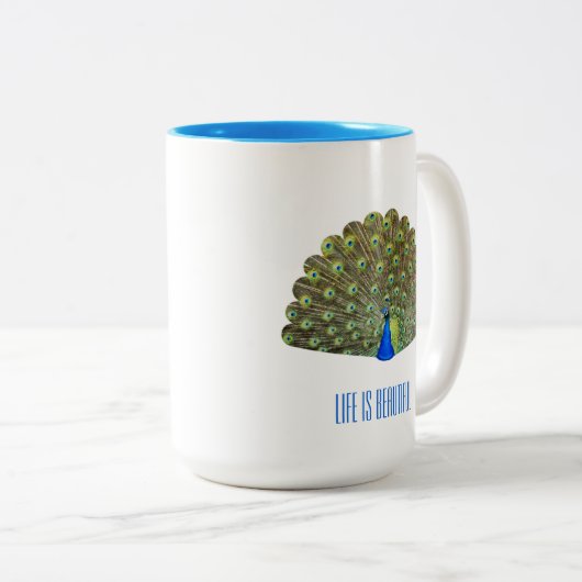 Beautiful Blue Bird Peacock Zweifarbige Tasse (VorderseiteRechts)