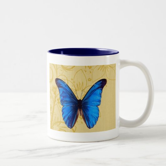 Beautiful Blue Butterfly Vintage Kunst Zweifarbige Tasse (Rechts)