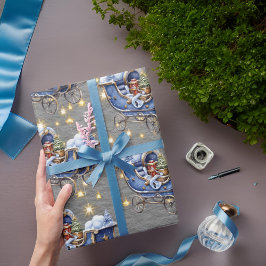 Beautiful Blue Christmas Sleighs Steel Gray Geschenkpapier