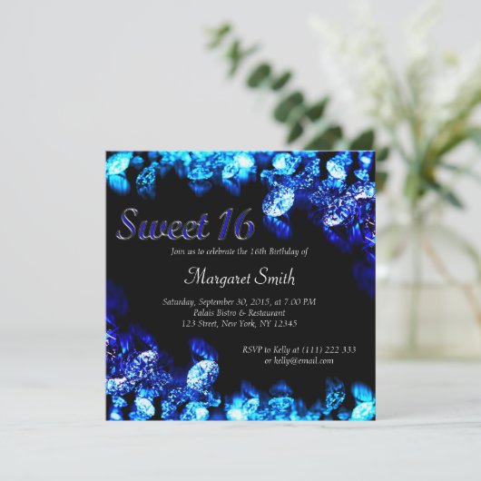 Beautiful Blue Diamond Sweet 16 Einladung (Stehend Vorderseite)