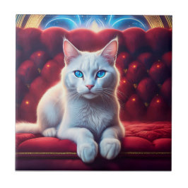 Beautiful Blue Eyed Albino Cat On Exotic Red Sofa Fliese