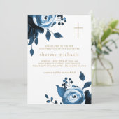 Beautiful Blue Floral Cross Bestätigung Einladung (Stehend Vorderseite)