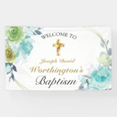 Beautiful Blue Floral Gold Cross Taufe Willkommen Banner (Horizontal)