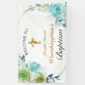 Beautiful Blue Floral Gold Cross Taufe Willkommen Banner (Vertikal)