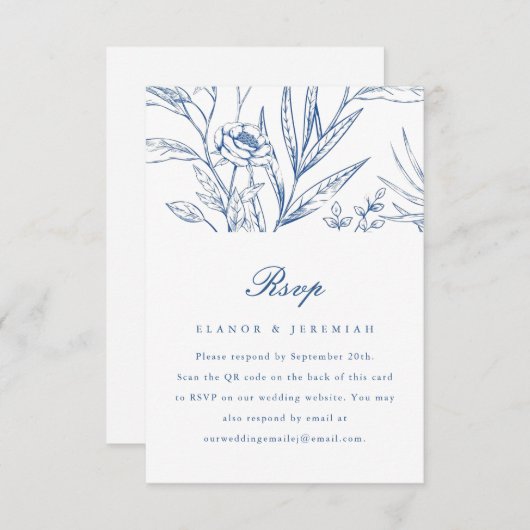 Beautiful Blue Floral Wedding RSVP mit QR Code (Vorne/Hinten)