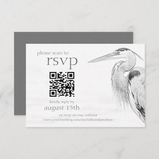 Beautiful Blue Heron Bird Sketch Wedding QR Code RSVP Karte (Vorne/Hinten)
