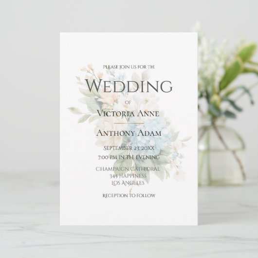 Beautiful Blue Hydrangeas Elegante Wedding Einladung (Stehend Vorderseite)