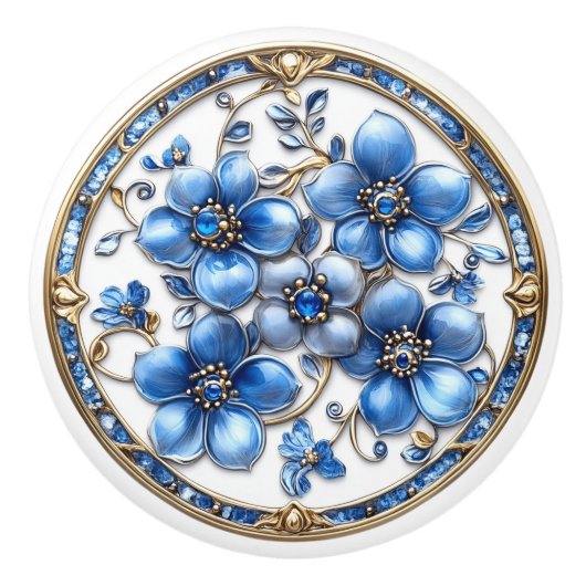 Beautiful Blue Metallic Emaille Blume Gold Gemis Keramikknauf (Vorderseite)