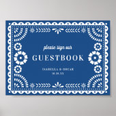 Beautiful Blue Papel Picado Wedding Gästebuchunter Poster (Vorne)