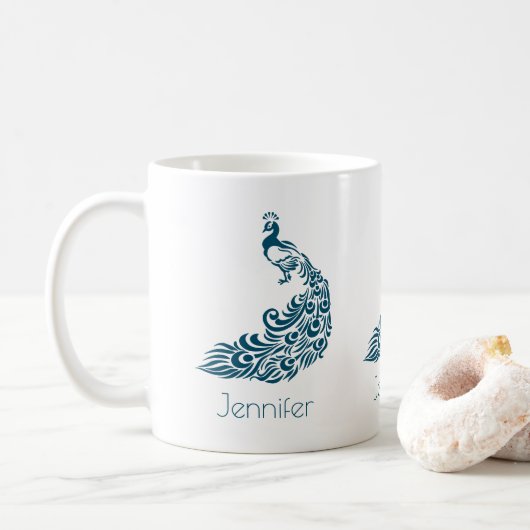 Beautiful Blue Peacock Illustration Custom Kaffeetasse (Mit Donut)