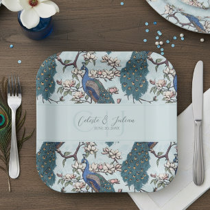 Beautiful Blue Peacocks & Magnolia Blume Blau Pappteller