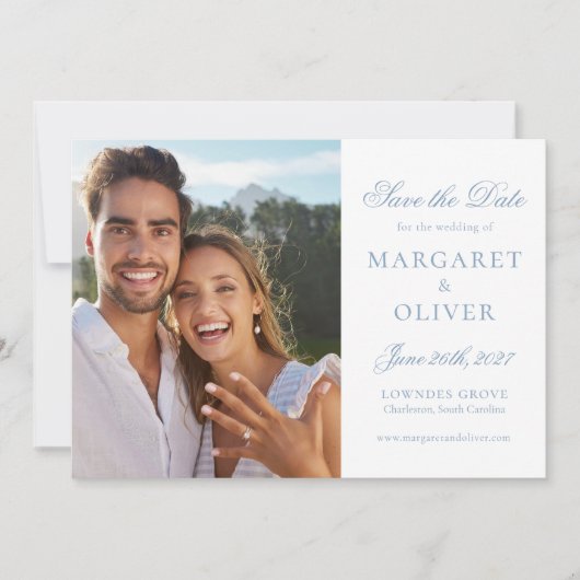Beautiful Blue Script Foto Save the Date Card (Vorderseite)