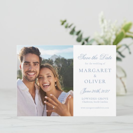 Beautiful Blue Script Foto Save the Date Card (Stehend Vorderseite)