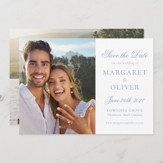 Beautiful Blue Script Foto Save the Date Card (Vorne/Hinten)