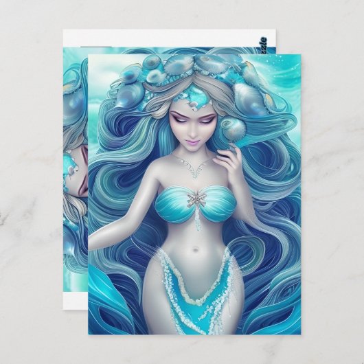 Beautiful Blue Seashell Mermaid Graphic Postkarte (Vorne/Hinten)