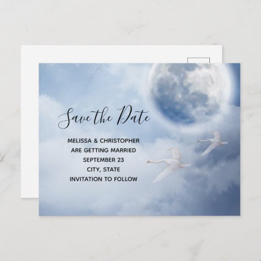 Beautiful Blue Sky mit Flying Swans Save the Date Einladungspostkarte (Vorne/Hinten)