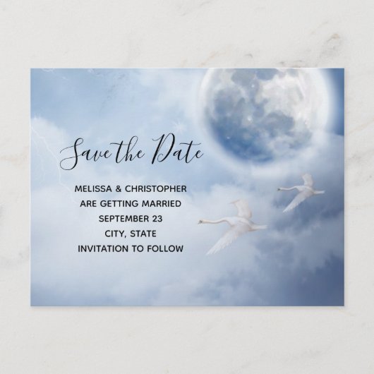 Beautiful Blue Sky mit Flying Swans Save the Date Einladungspostkarte (Vorderseite)