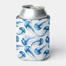 Beautiful Blue Watercolor Jellyfish | Can Cooler