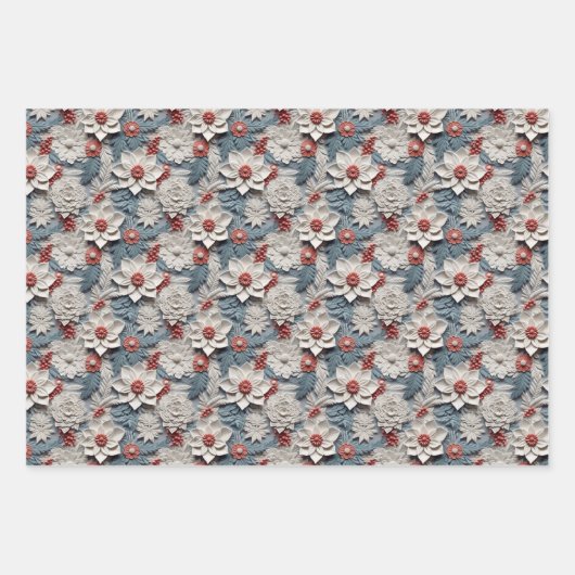 Beautiful Blue White and Red 3D Poinsettia Geschenkpapier Set (Vorderseite 3)