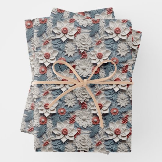 Beautiful Blue White and Red 3D Poinsettia Geschenkpapier Set (Beispiel)