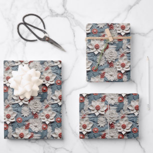 Beautiful Blue White and Red 3D Poinsettia Geschenkpapier Set