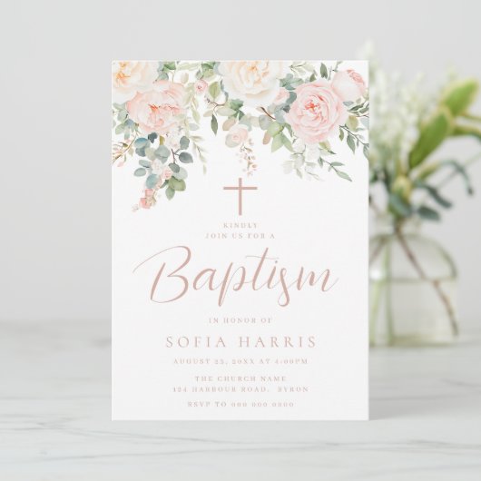 Beautiful Blush Blume Baby Girls Taufe Einladung (Stehend Vorderseite)