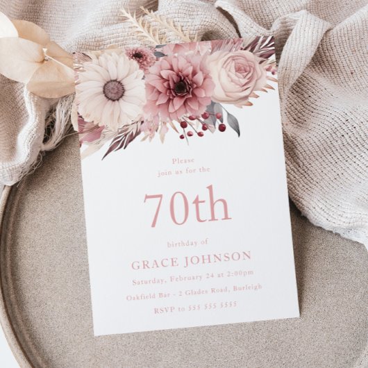Beautiful Blush Boho Floral 70th Birthday Party Einladung