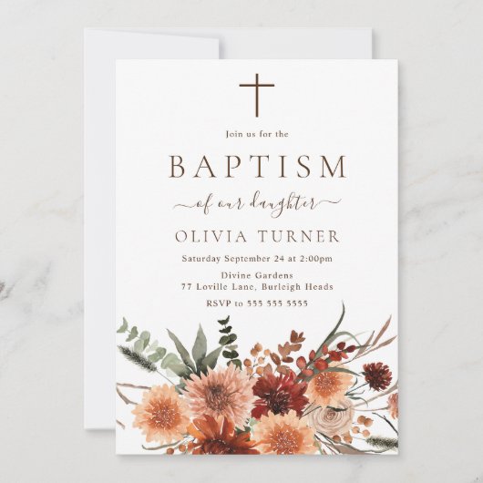 Beautiful Boho Herbst Blume Taufe Einladung (Vorderseite)
